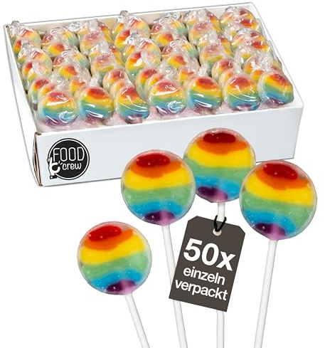 FOOD crew 50x Regenbogen Lollies - 400g Lutscher Bunt - Regenbogen Süßigkeiten - Vegan mit Natürlichen Aroma & Farbstoffe - Tischdeko Regenbogen Lolli für Candy Bar Kindergeburtstag