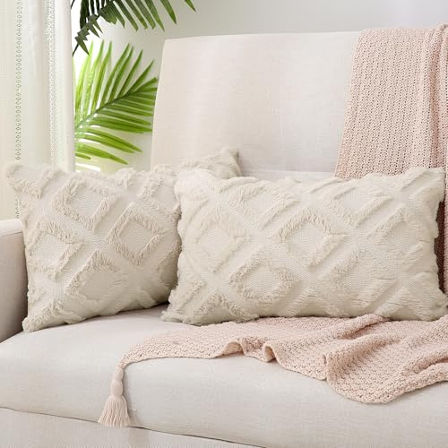 TOCOMOA 2er Set Boho Kissenbezug 40x60, Flauschig Zierkissen Kissenbezüge | Beige, in Wolle, Dekorative Sofakissen Kissenhülle aus Polyester, Dekokissen Bezug für Sofa Schlafzimmer