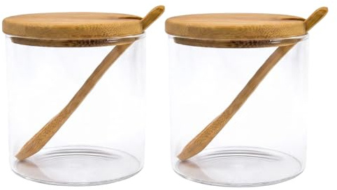 OHEETU Lot de 2 pots à condiments vides en verre transparent avec bouchon supérieur en grain de bois et cuillère - 300 ml - Pots de rangement transparents pour cuisine, salle de bain, maison