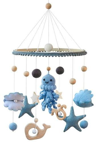 Ueiwffzo Oktopus Baby Mobile Babybett Hölz Windspiel, Oktopus Anhänger zum Häkeln, Meerestiere Bettglocke Baby Mobile Krippe für Bett, Wickeltisch Mobiles Ornament Babyzimmer Decor
