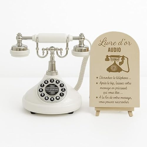Vintage Black and Gold Audio Guest Book Phone 25 x 21 cm with 8GB SD Card and Wooden Sign (White)