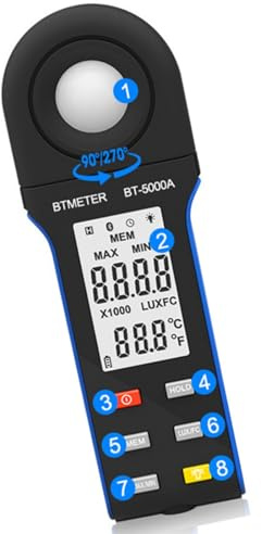 Medidor de luz digital de mano con iluminancia avanzada con conexiones, sonda giratoria de alta precisión y aplicación móvil