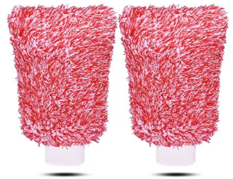 LYNROW Microfiber Car Wash， Mitts for Car Detailing - 2 pack Professional Scratch Free Polishing Cleaning Gloves - Red Wash Mitt for Washing