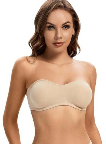ANGOOL Strapless Bra for Women Padded Non-Slip Silicone Bandeau Bra Seamless Comfort Wirefree Tube Top Bralette, Beige, M