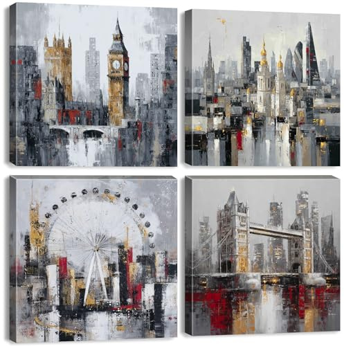 4 Stück Abstrakte Moderne Stadt Wandkunst Aquarell Stadt Landschaft Bilder Wanddekoration Wohnzimmer Schlafzimmer London Paris Leinwand Gemälde Gerahmte Stadtbild Drucke Poster Dekorationen 30x30CM