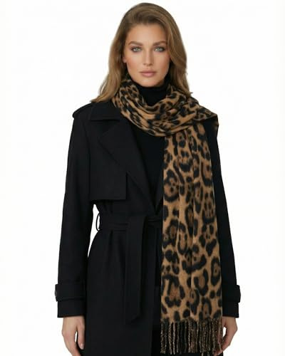 Baesics Leo Schal Damen Herren - Animal Print Winterschal Webschal weich | Weich gewebt mit Fransen, Maße ca. 170 x 65 cm, angenehm warm. Animal Print für Mantel, Büro und als Geschenk