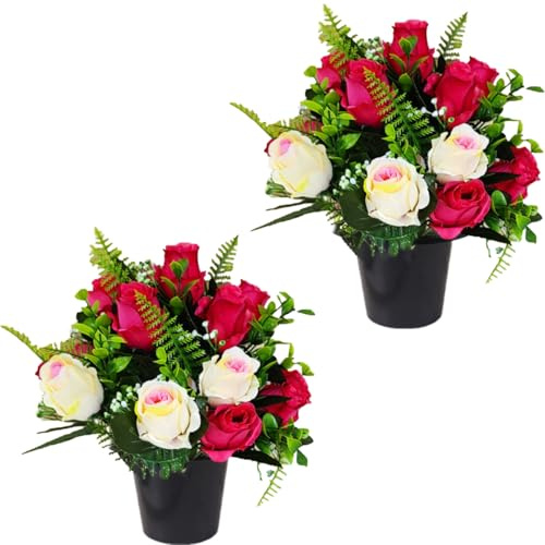2pcs Artificial Grave Flowers with Grave Pots,18 Head Silk Rose for Cemetery Flowers,Weatherproof Outdoor Graveside Memorial Arrangement with Plastic Ferns Floral Ornaments for Christmas Decoration
