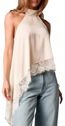 Women Y2k Halter Neck Top Satin Silk Lace Trim Tank Top Asymmetric Hem Sleeveless Backless Crop Top (b White, M)