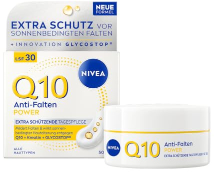 NIVEA Anti-Falten Tagespflege LSF 30, Gesichtspflege mildert & beugt Falten vor, straffende Tagescreme mit reinem Q10, Kreatin & Glycostop, POWER Q10 Extra Schützende Tagespflege (50 ml)