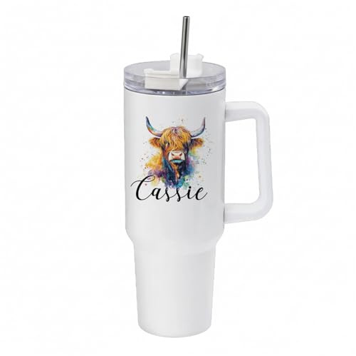 Personalised Colorful Highland Cow Custom Name Gift for Kids, 40oz Travel Tumbler with Handle & Straw |Stainless Steel Large Cup | Travel Water Bottle | Car Coffee Mug. (White)