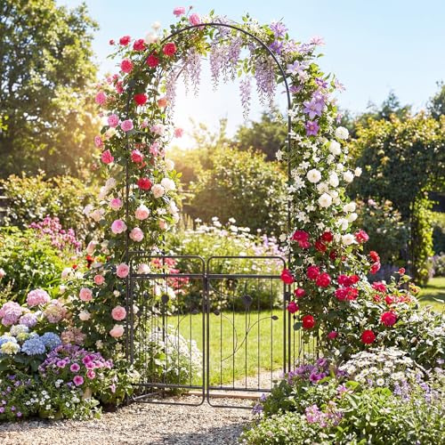 GYMAX Arco Metallico da Giardino con Traliccio, Pergola Decorativa da Esterno con Porte Blocabili, Picchetti a Terra, Supporto per Piante Rampicanti, Rose, Edere per Patio, Matrimoni e Feste