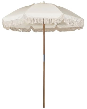Spetebo Sonnenschirm creme mit Holzstamm 50+ UV Schutz - 180 cm - Boho Chic Marktschirm UPF 50+ mit Fransen - Vintage Gartenschirm Balkonschirm Terrassenschirm Sonnenschutz Schirm Schattenspender