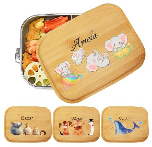 NGBEWU 1200ML Personalisierte Brotdose Kinder mit Fächern | Edelstahl Lunchbox mit Bambusdeckel | Schadstofffrei mit Namen & eigenem Motiv | Geschenk zur Einschulung für Mädchen & Jungen