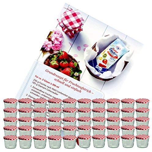Lot de 50 bocaux MamboCat - En verre incassable - Contenance de 230 ml - To 82 - Avec couvercle rouge à carreaux - Idéals pour confitureAvec livre de recettes (français non garanti)