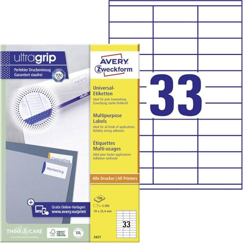 AVERY Zweckform 3421 Universal Etiketten (3.300 Klebeetiketten, 70x25,4mm auf A4, Papier matt, individuell bedruckbar, selbstklebende Aufkleber mit ultragrip) 100 Blatt, weiß