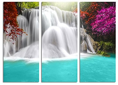 Paul Sinus Art 130x90cm – Keilrahmenbild Wasserfall bunte Bäume See 3teiliges Wandbild auf Leinwand und Keilrahmen - Fotobild Kunstdruck Artprint