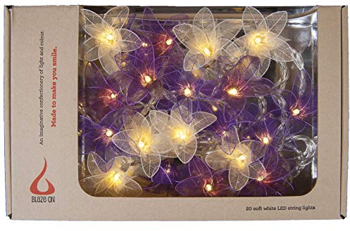 Blaze On Fascinator Lily Fairy Lights (Purple Tones) – 20 Warm White LED Lights – Handcrafted from Real Rubber Tree Leaves – USB Powered – Includes UK 3–Pin USB Adapter – Indoor String Lights