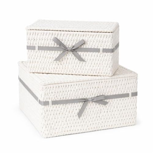 DRULINE 2tlg. Korbset - Aufbewahrungskorb mit Deckel - Rattanbox -Aufbewahrungsbox mit Deckel - Korbgeflecht weiß/Stoffschleife grau – B/H/T ca. 20/25 x 15/18 x 20/25 cm