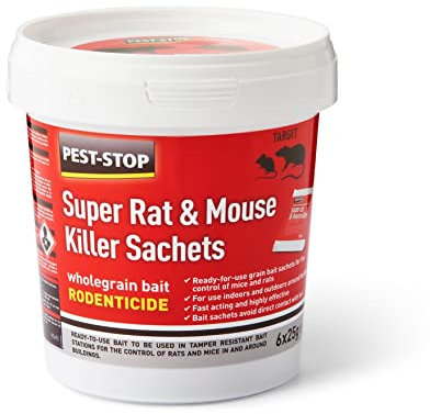 Pest-Stop Super Rat & Mouse Killer Sachets - Fast Acting Baits for Mouse Rat - Mice Killer - Rat Control for Home, Office, Garden, Industry - (6 x 25g), Red
