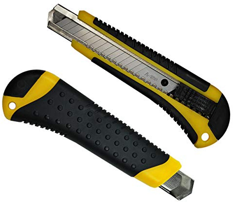 HELO 10 x Profi Cuttermesser Teppichmesser Set (gelb) mit 18 mm breiter Abbrechklinge, Klingenführung aus Metall, ergonomisch geformter Anti-Rutsch Gummi Griff, inkl. 2 Ersatzklingen im Gehäuse