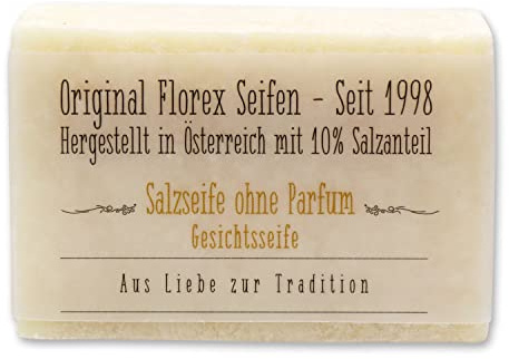 Florex Salz-Seife mit 10% Salzanteil speziell für Gesicht und Dusche Feuchtigkeitsregulierend für beanspruchte empfindliche Haut ohne Parfüm | Feuchtigkeitsregulierend, für beanspruchte empfindliche Haut, ohne Parfüm