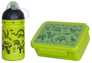 Eco set La Borraccia Ecologica 0,5L+ Eco box per Bambini *MADE IN EU* Senza BPA, Senza PHTALATES Bottiglia per Acqua Infrangibile, Durevole e Simpatica! (Eco Set Dinosauro)