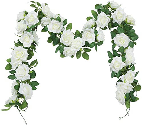 SHACOS 3 Stück (6 Meter) Blumengirlande Deko Künstliche Rosengirlande Weiß Blumengirlande Hochzeit Rose Girlande Kunstblumen Seidenblumen Hängende Girlande für Hochzeit, Deko