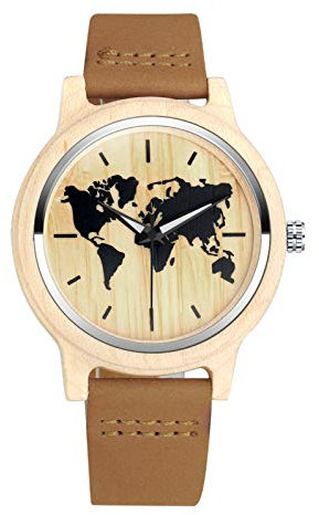 MicLee Herren Damen Unisex Bambus Weltkugel Weltkarte Holzuhr Analog Quarzwerk Armbanduhr mit Lederband Für Frauen Männer Geschenke