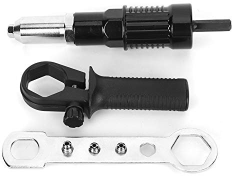 Adaptador de pistola remachadora eléctrica de acero de aleación negra con 4 cabezales de remache y llave de mango para taladro eléctrico