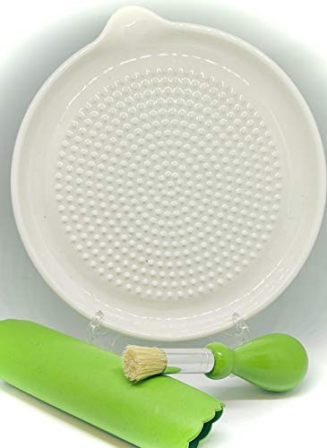 BonCera, Premium Ceramic Garlic Grater Plate Set - Large White Modern | Complete 3-Piece Set includes 6 Plate, Peeler, and Brush - For Garlic, Ginger, Fruits, Strawberries, and more!