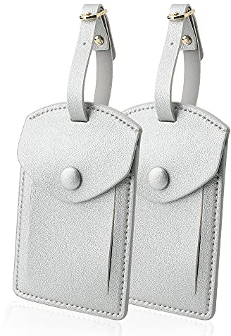 Kofferanhänger mit Adressschild,Gepäckanhänger aus Leder für Herren Damen,ID-Tags mit vollständiger Rückseitenschutzabdeckung für Kreuzfahrtschiffe, Reisezubehör-Tags 2er Set (Silber 01)