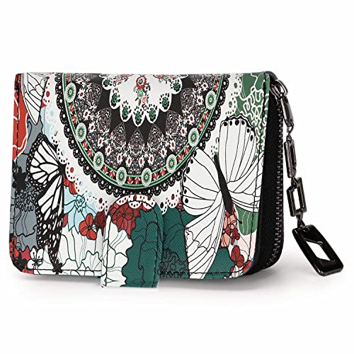 Geldbeutel Damen klein im Kurzformat, Geldbörse Damen mit Blumen und Blüten Muster im Mandala und Ethno Stil, Portemonnaie mit Reißverschluss und Druckknopf und vielen Fächern (Schmetterling).