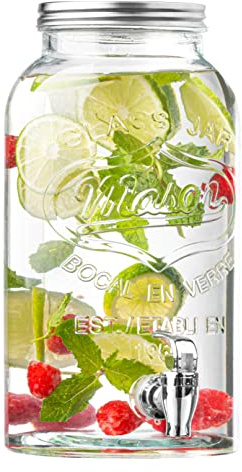 Royalty Art Mason Jar Drink Dispenser with Spigot (1 Gallon) Tea, Juice, and Beverage Server, Thick Glass, Screw On Lid, Leak Resistant Easy-Pull Spigots and Screw-On Lids Clear, Heavy-Duty Glass