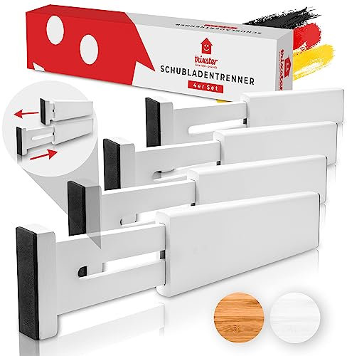 TRIXSTER® 4 x Schubladentrenner verstellbar I 32-43cm weiß I Optimaler Schubladen Organizer, da besonders rutschfest und möbelschonend I Ideales Schubladen Ordnungssystem Küche