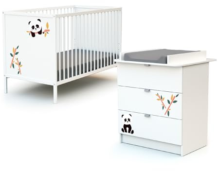WEBABY - Duo Lit Bébé et Commode Panda Blanc ALBA| Lit 60x120 | Sommier réglable 3 hauteurs | Commode à langer 3 tiroirs | Plan à langer amovible inclus