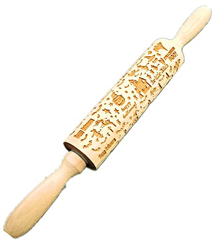 Qoiseys Rouleau à pâtisserie pour Halloween avec motifs de chauve-souris château citrouille, biscuits d'Halloween en relief, rouleau à pâte texturé 3D gravé (35,1 cm) (06)