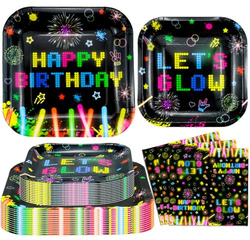 120 Pack Neon Glow Tableware Set - Glow in The Dark Birthday Plates, Napkins, Blacklight Party Decoration Serves 40