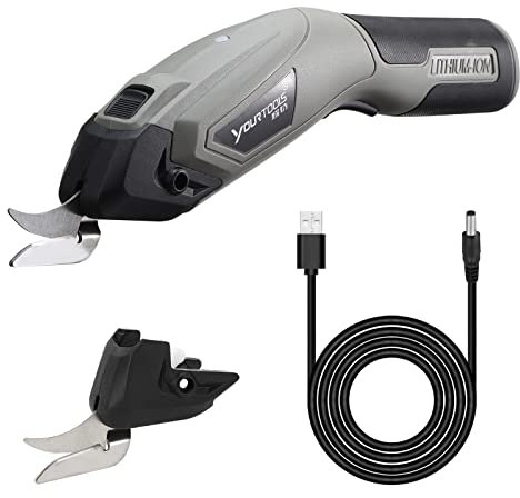 Tijeras Para Tela de Energía Eléctrica, 4.0V Cizallas Eléctricas con Bloqueo de Seguridad y 2 Cabezas de Corte, Tijeras Electricas Textil y Costura para Corte Papel Cartulina Cuero Alfombra, 8 mm Max