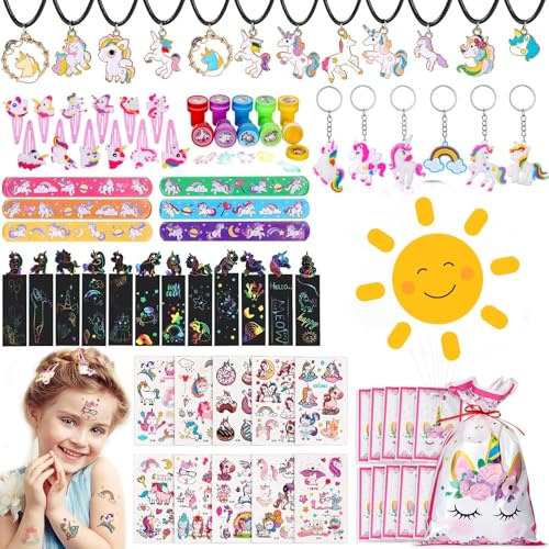 Unicornio Juguetes Piñatas de Cumpleaños, 104 Piezas Relleno Piñatas de Cumpleaños Infantil, Pulseras Llavero Sellos Luminosas Tatuajes Juguetes Piñatas de Cumpleaños 3-12 años Niña Party Favores