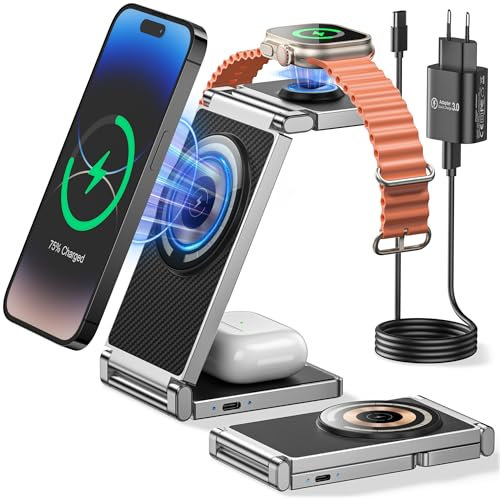 REOKILY 3 in 1 Ladestation 18W Mag-Safe Ladegerät Handyladestationen Stand für iPhone 16/15/14/13/12Pro/Pro Max/Plus und für Apple Watch/8/SE/7/6/5/4/3/2, AirPods3/2/Pro/Pro2
