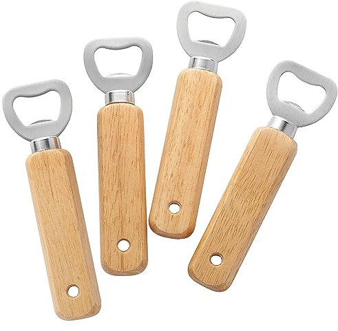 Abridores de botellas de madera grabables, 4 abridores de botellas de cerveza de mano para bebidas Bar de sidra Gadgets para el hogar