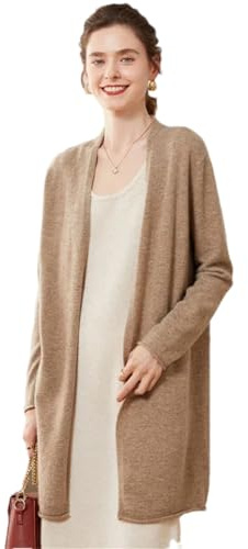 Cardigan da donna con scollo a V, in cashmere, a tinta unita, a maniche lunghe, per autunno e inverno, Khaki scuro 9, Taglia unica