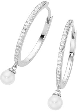 Giorgio Martello Milano Klappcreolen Mit Weißen Muschelkern-Perlen Und Zirkonia, Silber 925 Silber, 2,5 Cm 925 Sterling Silber