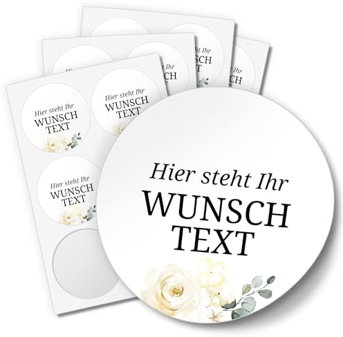 24 PERSONALISIERTE Aufkleber mit Wunschtext individualisiert anpassbar Namen Datum Etiketten rund 4cm, Rose Blume weiss