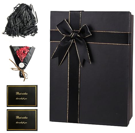 VINEST Geschenkbox mit Deckel, Geschenkbox Geburtstag Schick Geschenk Box, Geschenkkarton mit Kardiert ＆ Raffia, Geschenkverpackung Gift Box für Valentinstag(Schwarz)