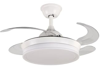 VENTILADOR TECHO LED APP MOVIL FACIL MONTAJE TECHO DC LED ATENUABLE RETRACTIL 4 ASPAS - Opción Sin Pitido, Temporizador, Invierno Verano, 3 Tonos, Modo Brisa, Bajo consumo (Blanco, 91CM Pequeño)