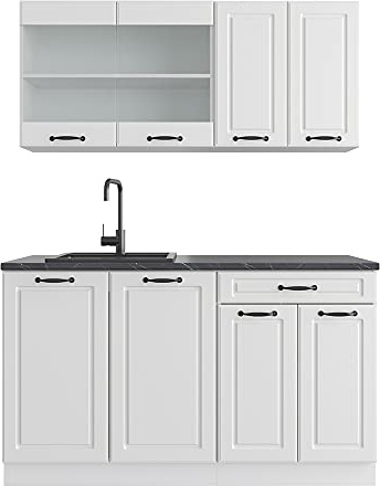 Vicco Singleküche R-Line, Weiß Landhaus, 140 cm | 4 Module · Höhenverstellbare Füße · AP Anthrazit inkl. · MDF-Fronten · Mit Glasschrank · Frei kombinierbar