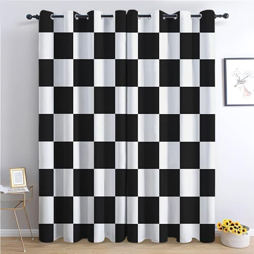 Black White Checked Blackout Curtains 92 x 54 Inch, Geometric Striped Checkerboard Noise Reducing Energy Efficient Curtains, Treatments Insulated Window Drapes for Bedroom, Living Room, Kids Nursery