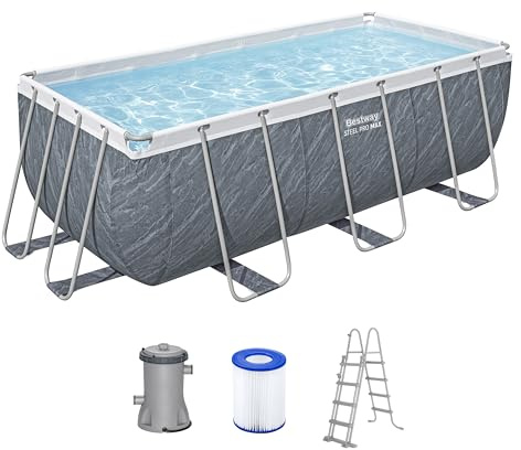 Bestway Power Steel Frame Pool Set mit Filterpumpe 412 x 201 x 122 cm, Marmor-Optik (Schiefergrau), eckig