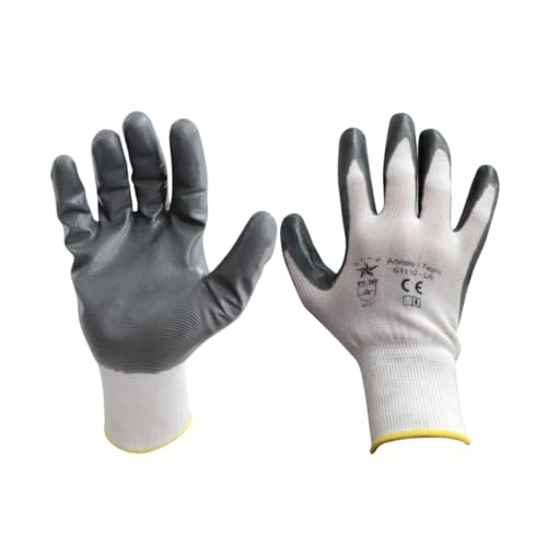 SADISRLS Guanti da lavoro spalmato nitrile con polsino elasticizzato - protezione meccanica, edilizia, giardinaggio- Tg. 7/8/9/10/11-12 paia (Bianco/Grigio, 10)